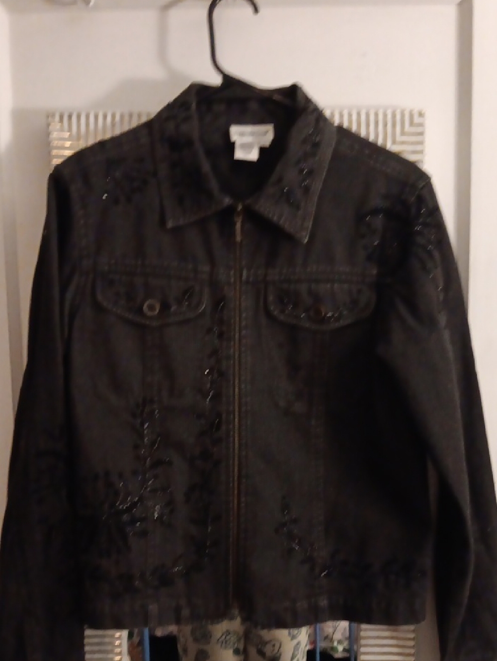 Coldqater Creek Black Embellished Zip-Front Denim Jacket